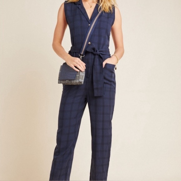 Anthropologie Brielle Blue Slate & Back Plaid Belted Jumpsuit Size Small - Picture 6 of 13